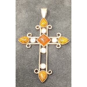 Sterling Silver Baltic Amber and Crystal Cross Pendant Necklace Poland 925